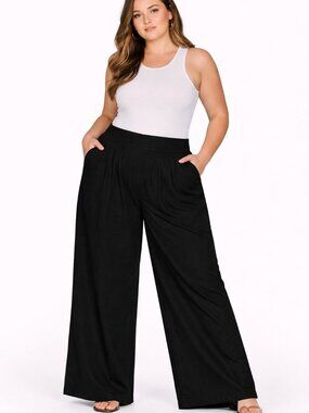 BUDDHA STONES Black Wide Leg Cotton Linen Trousers High Waist Women XXXL 3XL NEW